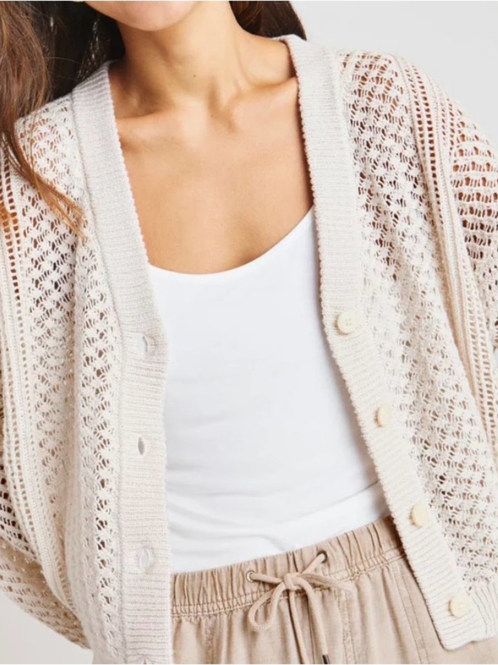 Splendid Brenda Cardigan Cream Open Pointelle Knit Cotton Sweater Size M EUC - Picture 2 of 9